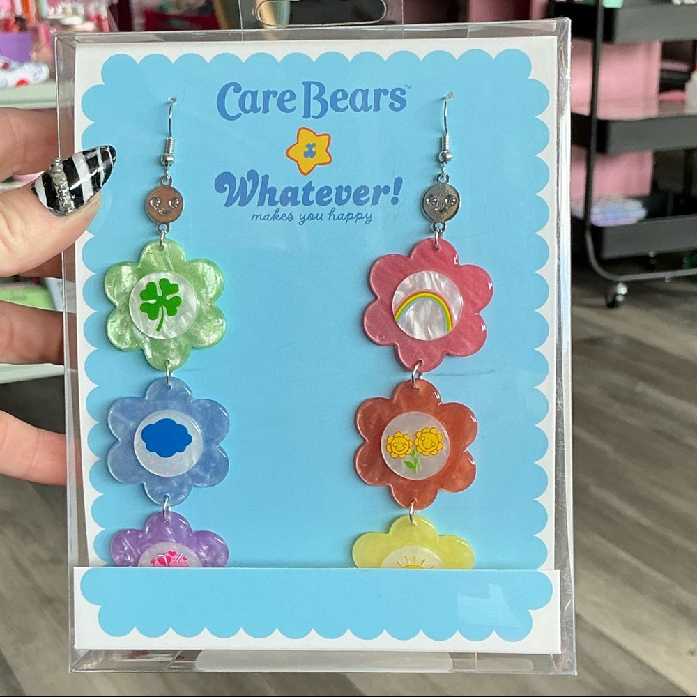 CARE BEARS FLOWER BELLY BADGES LAYERED ACRYLIC EARRINGS